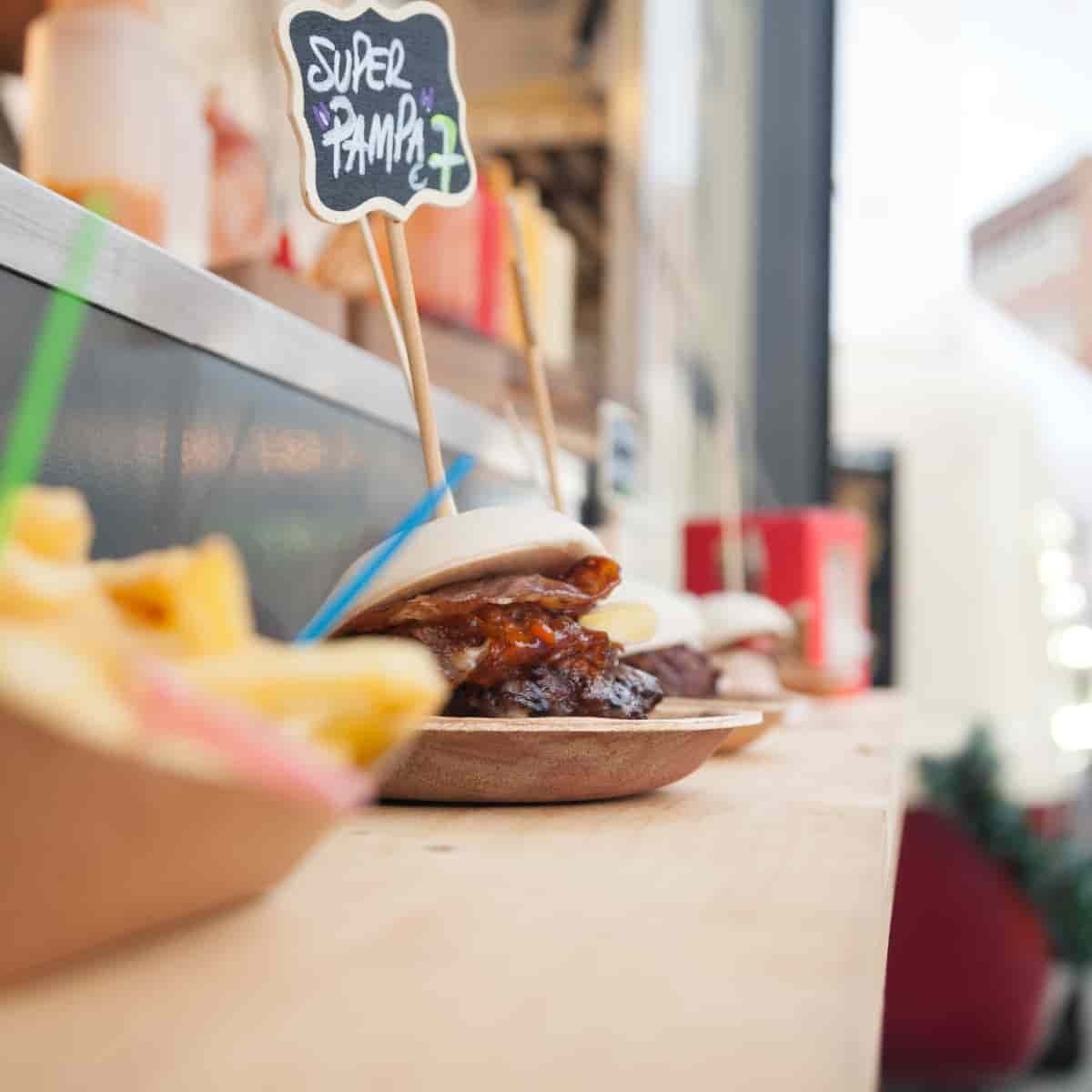 Close-up of food outside food truck.