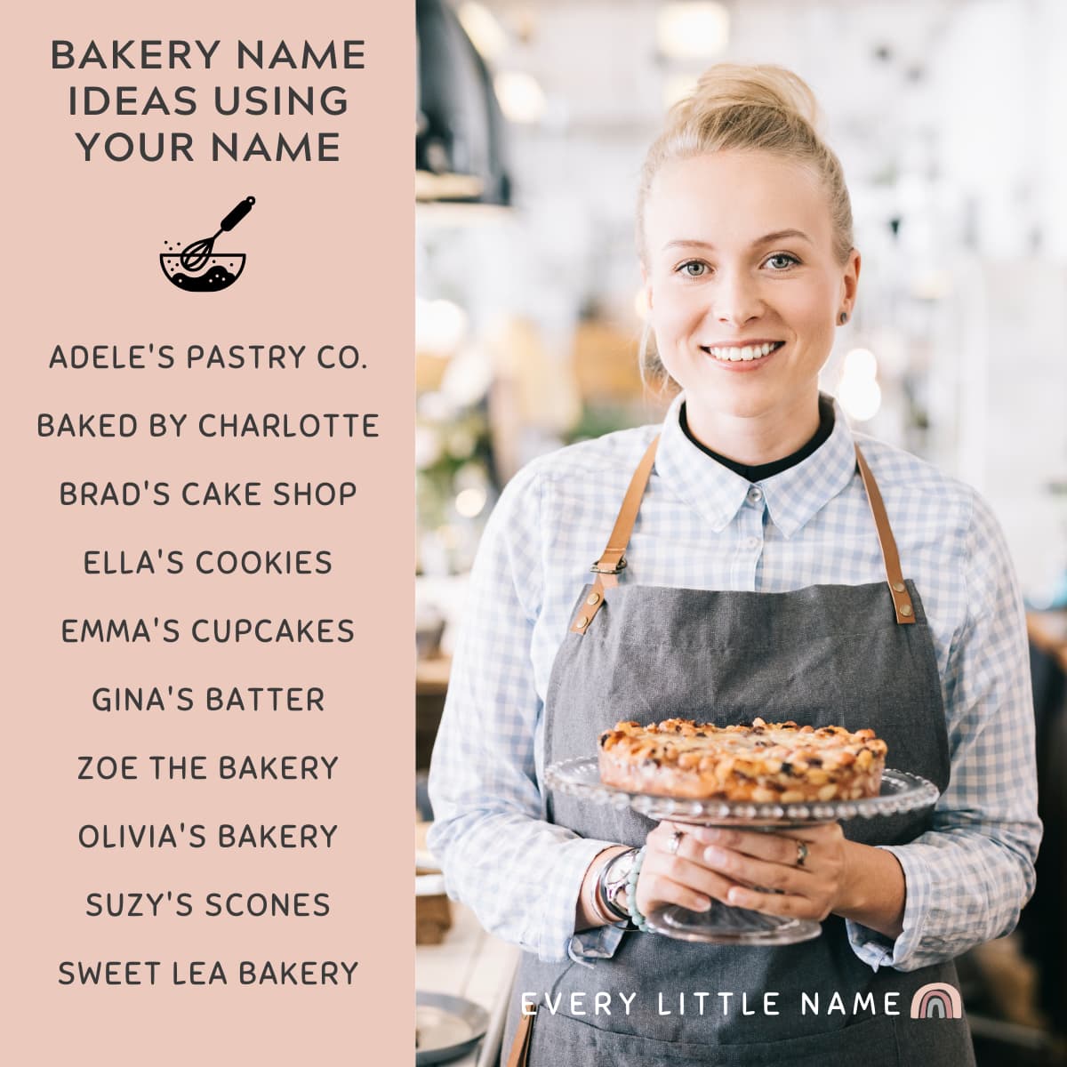 Woman holding pie in bakery.