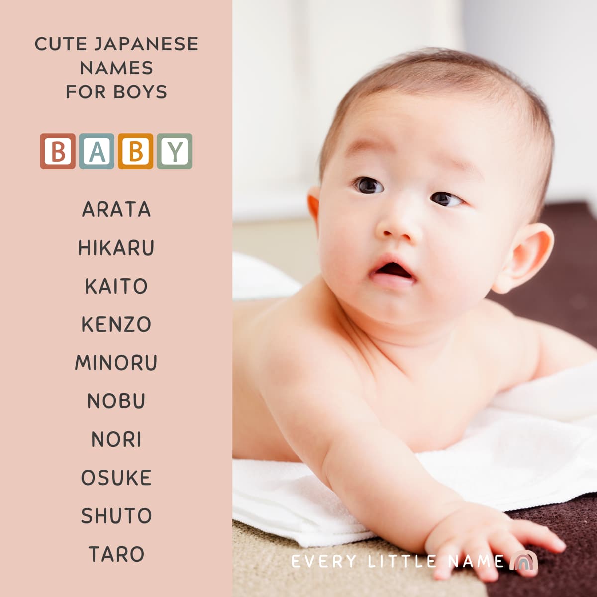 Japanese baby crawling on towel and a list of cute Japanese names for boys.